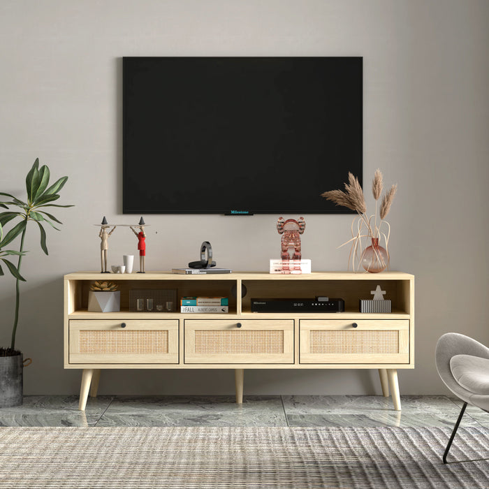 Rattan TV Stand With Solid Wood Feet, TV Console Table For Living Room, Natural