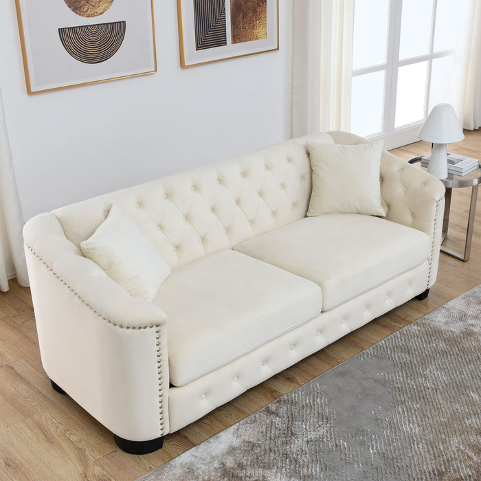 77 Inch Modern Chesterfield Velvet Sofa, 3-Seater Sofa, Upholstered Tufted Backrests With Nailhead Arms And 2 Cushions For Living Room, Bedroom, Apartment, Office - Beige