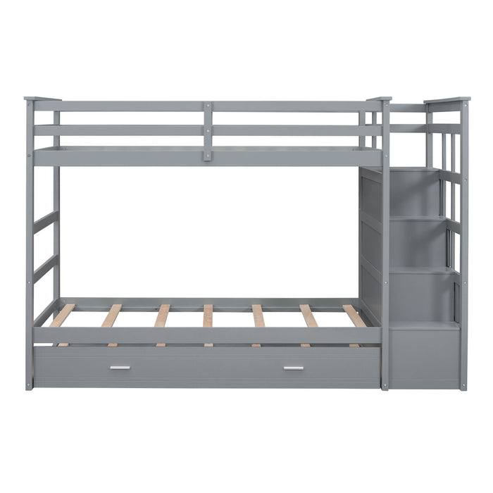 Twin Over Twin Bunk Bed With Trundle And Staircase, Gray