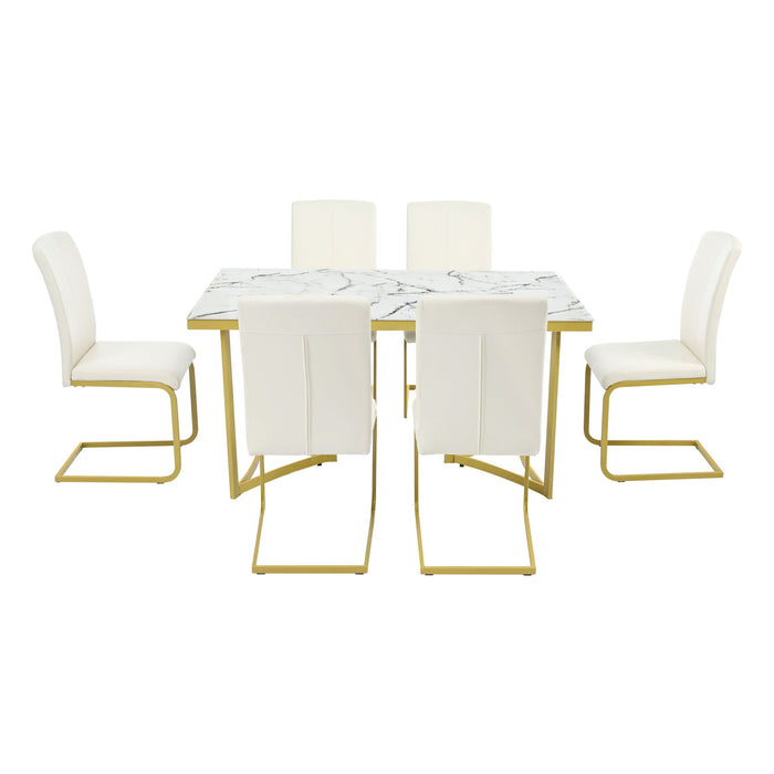 Trexm 7 Piece Modern Dining Table Set, Rectangular Marble Sticker Table And 6 PU Leather Chairs With Golden Steel Pipe Legs For Dining Room And Kitchen (White)