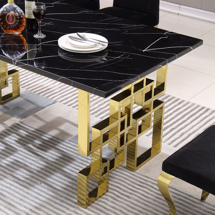 Contemporary Rectangular Marble Table, 0.71" Marble Top, Gold Mirrored Finish, Luxury Design For Home (63" X35.4" X29.5" )