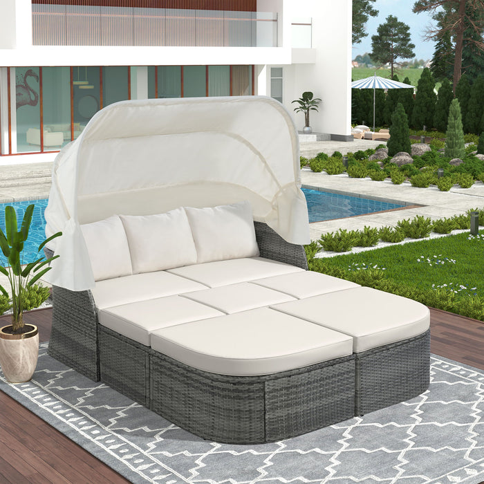 U_Style Outdoor Patio Furniture Set Daybed Sunbed With Retractable Canopy Conversation Set Wicker Furniture Sofa Set - Beige