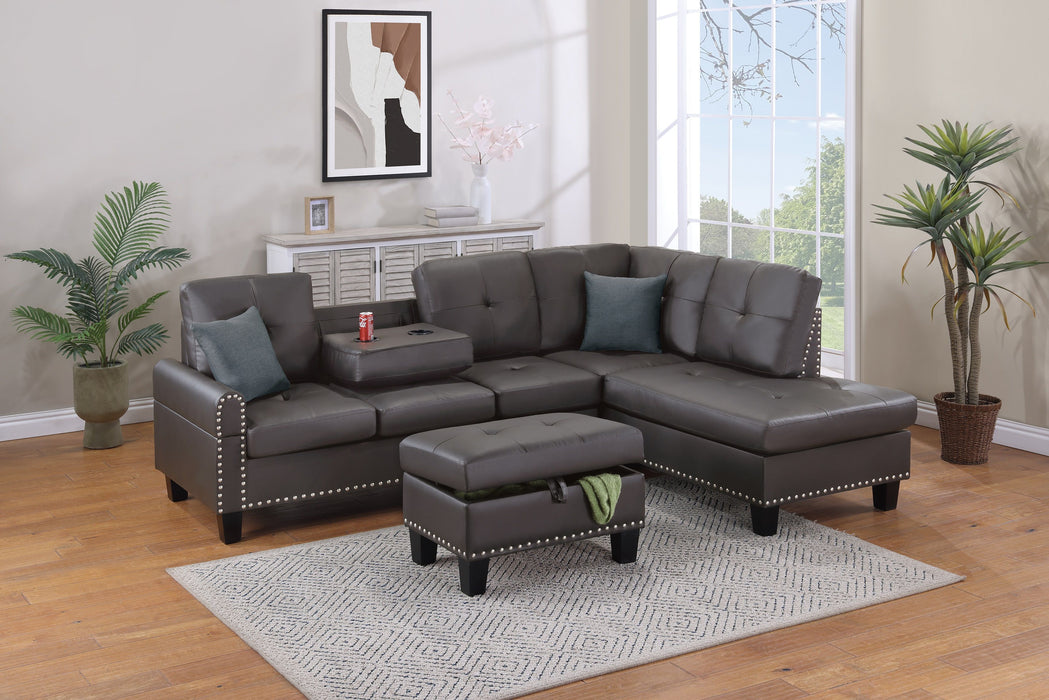 Espresso Faux Leather Living Room Furniture 3 Pieces Sectional Sofa Set LAF Sofa RAF Chaise And Storage Ottoman Cup Holder Couch