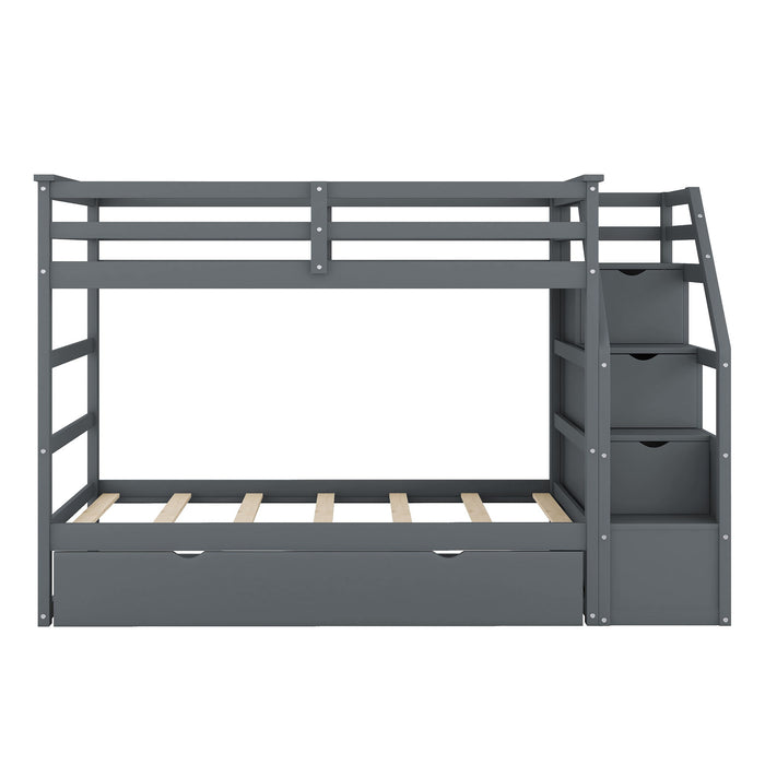 Twin-Over-Twin Bunk Bed With Twin Size Trundle And 3 Storage Stairs, Gray