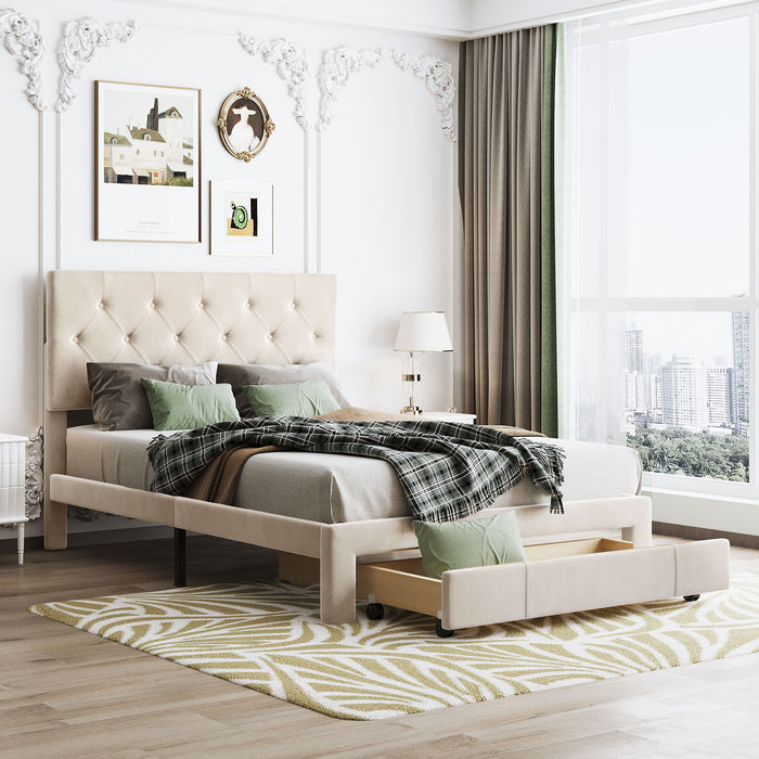 Full Size Storage Bed Velvet Upholstered Platform Bed With A Big Drawer Beige