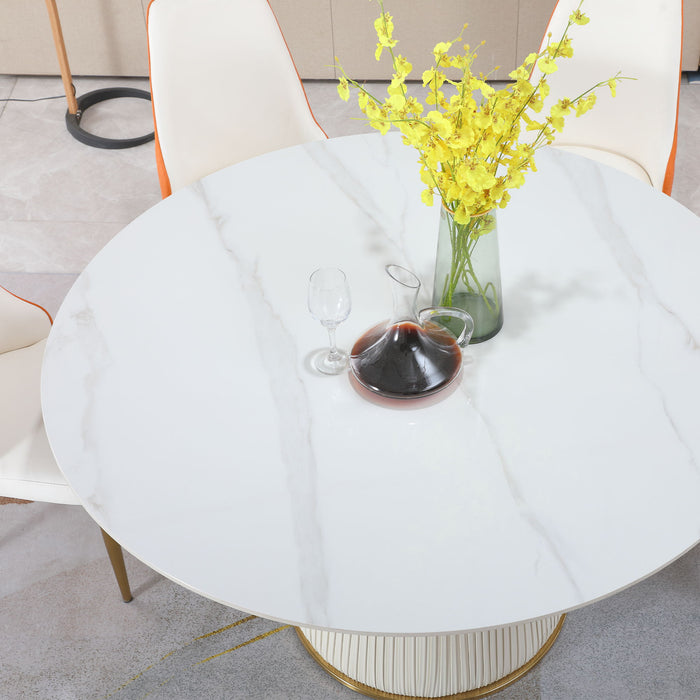 Modern Sintered Stone Round Dining Table With Stainless Steel Base With 4 Pieces Chairs