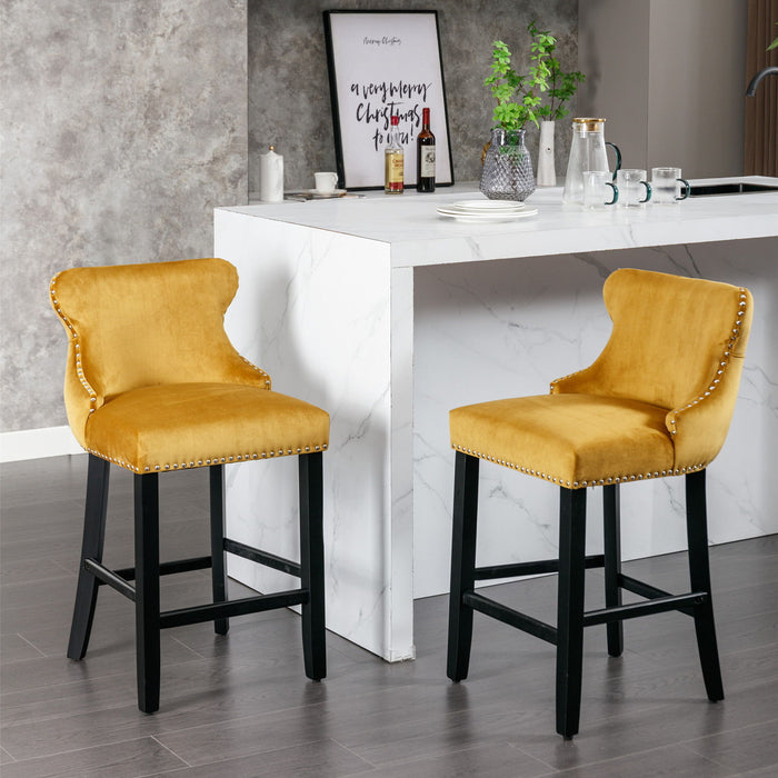 A&A Furniture, Contemporary Upholstered Wing - Back Barstools With Button Tufted Decoration And Wooden Legs, And Chrome Nailhead Trim, Leisure Style Bar Chairs, Bar Stools (Set of 2) Gold