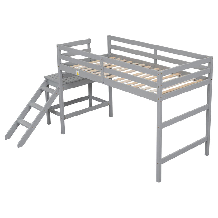 Twin Loft Bed With Platform, Ladder, Gray