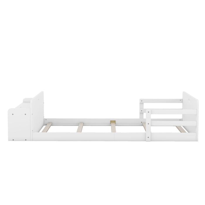 Twin Size Floor Bed With Storage Footboard And Guardrail, White