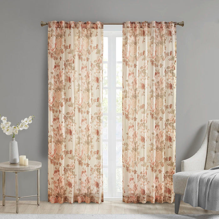 Printed Floral Rod Pocket And Back Tab Voile Sheer Curtain - Blush