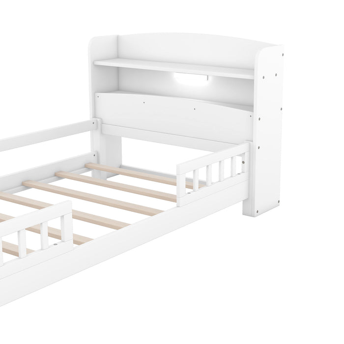 Wood Twin Size Platform Bed With Built-In Led Light, Storage Headboard And Guardrail, White