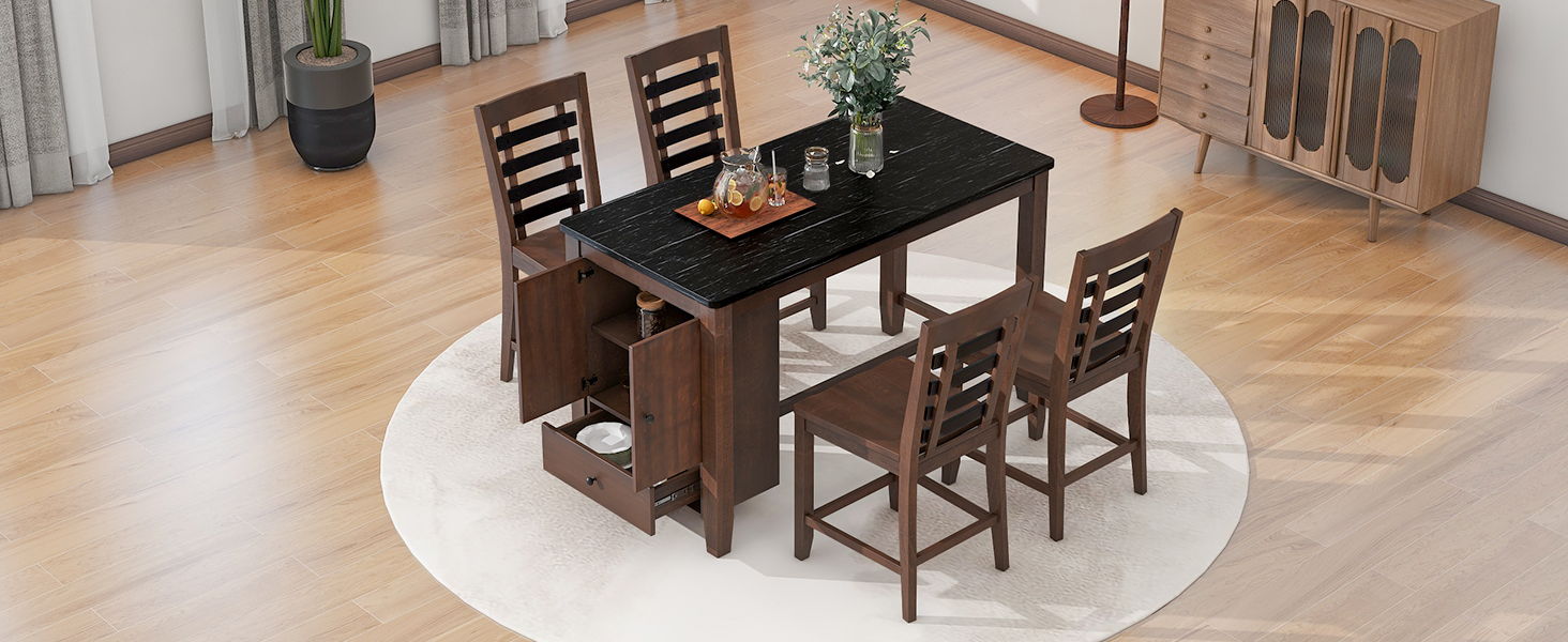 Top max Counter Height 5 Piece Dining Table Set With Faux Marble TableTop , Solid Wood Table Set With Storage Cabinet And Drawer, Dark Walnut