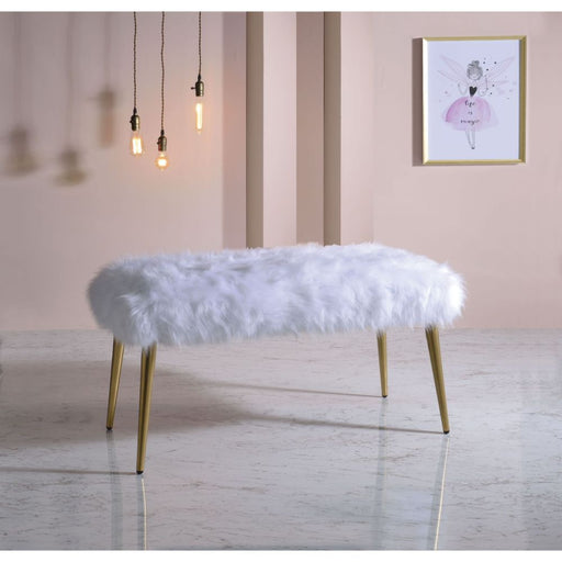 Bagley II - Bench - White Faux Fur & Gold - 20" Unique Piece Furniture