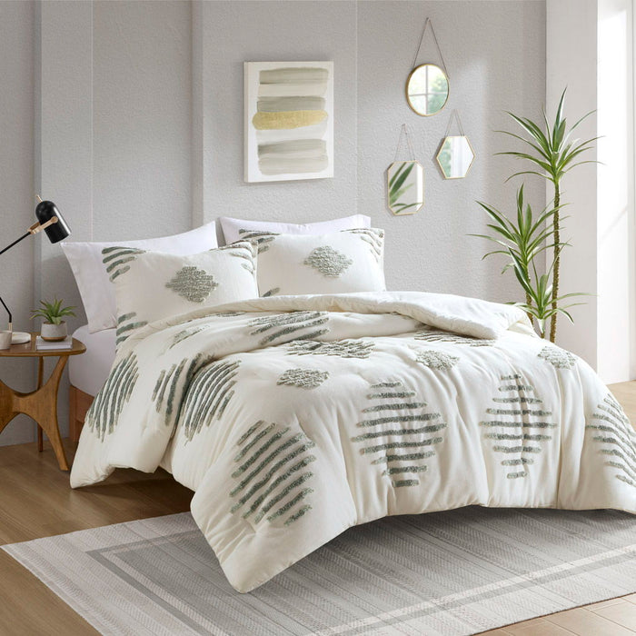 3 Piece Cotton Blend Chenille Comforter Set - Green / Ivory