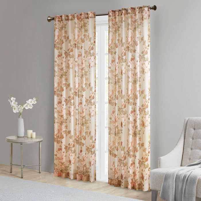 Printed Floral Rod Pocket And Back Tab Voile Sheer Curtain In Blush