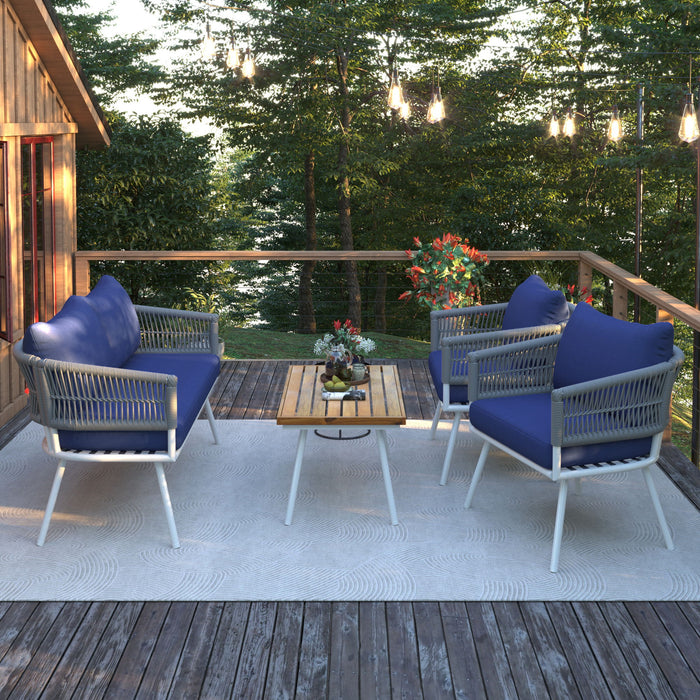 K&K 4 Piece Boho Rope Patio Furniture Set, Outdoor Furniture With Acacia Wood Table, Patio Conversation Set With Deep Seating & Thick Cushion For Backyard Porch Balcony, Navy Blue