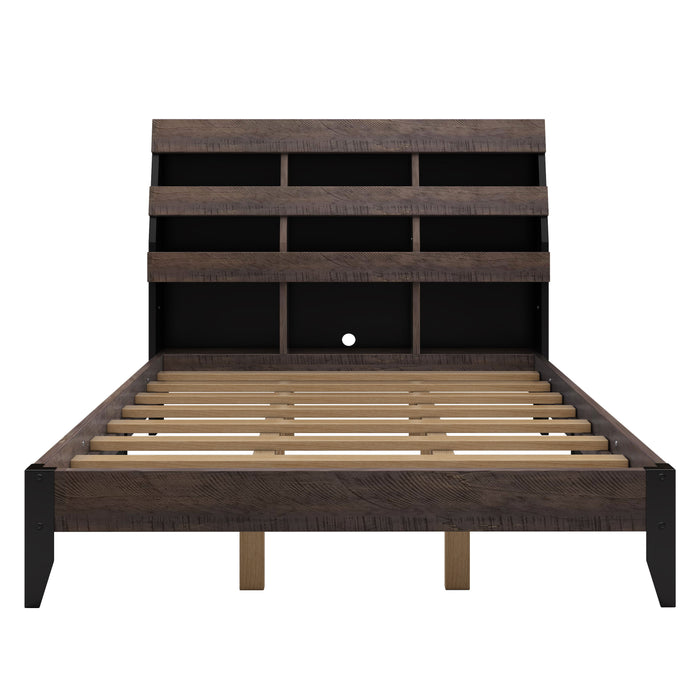 3 Pieces Bedroom Sets Mid Century Modern Style Queen Bed Frame With Bookshelf And Led Lights And Usb Port And Two Nightstands, Walnut And Black