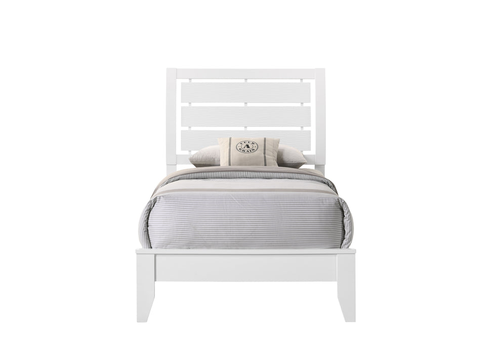 1 Piece Twin Size White Finish Panel Bed Geometric Design Frame Softly Curved Headboard Wooden Youth Bedroom Furniture