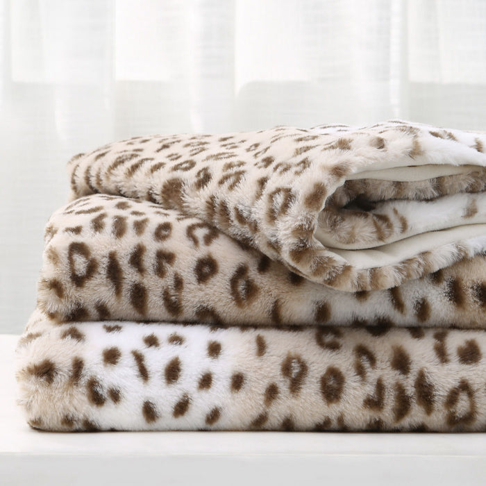 Printed Faux Rabbit Fur Throw, Lightweight Plush Cozy Soft Blanket, 50" X 60", Sand Leopard (Set of 2)