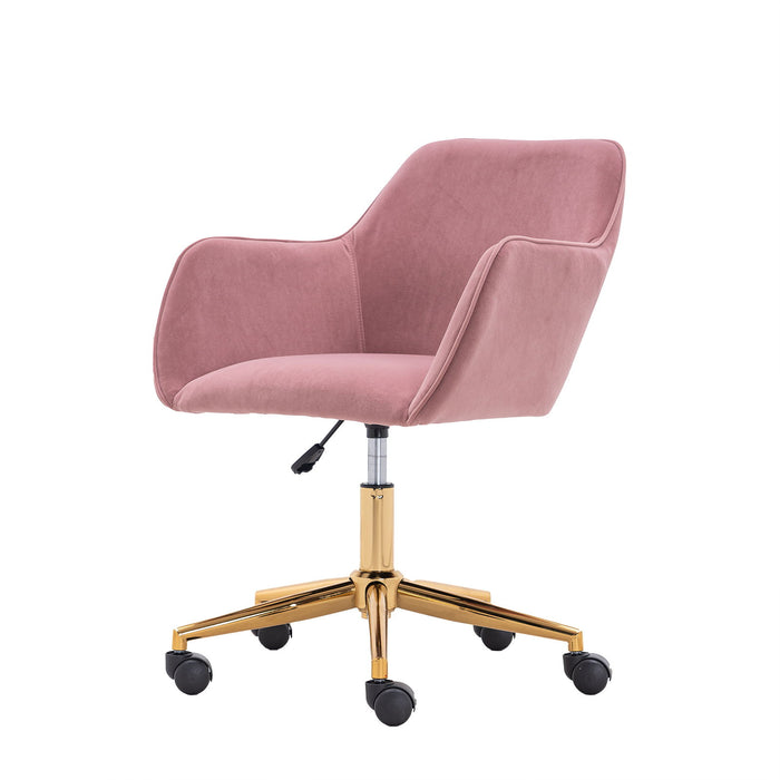 Modern Velvet Fabric Material Adjustable Height 360 Revolving Home Office Chair With Gold Metal Legs And Universal Wheels For Indoor, Pink