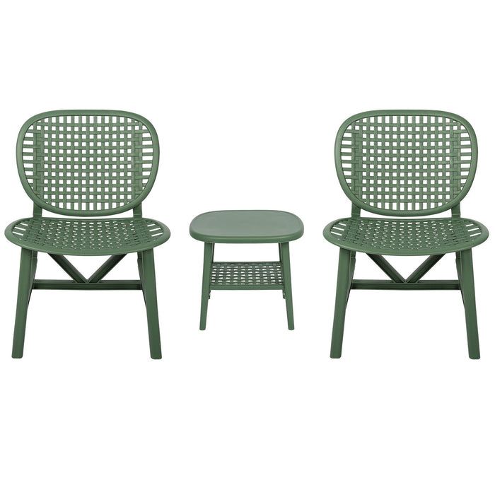 3 Pieces Hollow Design Retro Patio Table Chair Set All Weather Conversation Bistro Set Outdoor Table With Open Shelf And Lounge Chairs With Widened Seat For Balcony Garden Yard Green
