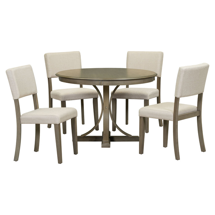 Trexm 5 Piece Retro Round Dining Table Set With Curved Trestle Style Table Legs And 4 Upholstered Chairs For Dining Room (Taupe)