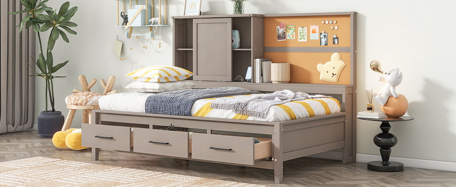 Twin Size Lounge Daybed With Storage Shelves, Cork Board, USB Ports And 3 Drawers, Antique Gray