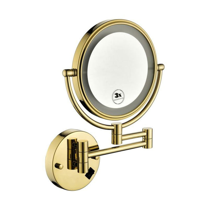 8 Inch Led Wall Mount Two-Sided Magnifying Makeup Vanity Mirror 12 Inch Extension Gold Finish 1X/3 Magnification Plug 360 Degree Rotation Waterproof Button Shaving Mirror