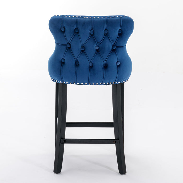 Contemporary Velvet Upholstered Wing - Back Barstools With Button Tufted Decoration And Wooden Legs, And Chrome Nailhead Trim, Leisure Style Bar Chairs, Bar Stools, (Set of 4) - Blue