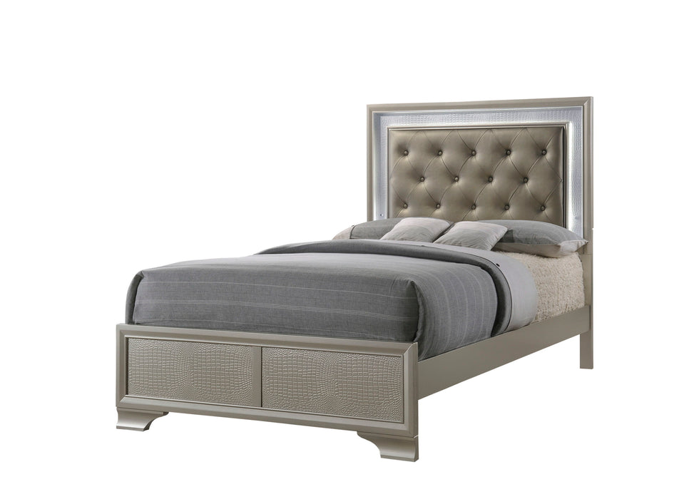 Modern Champagne Crocodile Skin Finish Upholstered 1 Piece Twin Size Led Panel Bed Faux Diamond Tufted Bedroom Furniture