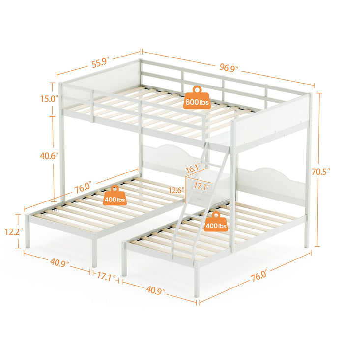 Full Over Twin & Twin Bunk Bed Metal Triple Bed With Nightstand And Guardrails White