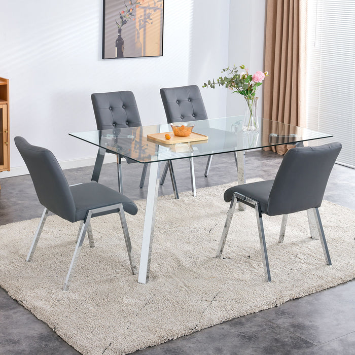 Table And Chair Set, 1 Table With 4 Grey Chairs, Rectangular Glass Dining Table With Tempered Glass Tabletop And Silver Metal Legs, Paired With Armless PU Dining Chairs And Electroplated Metal Legs