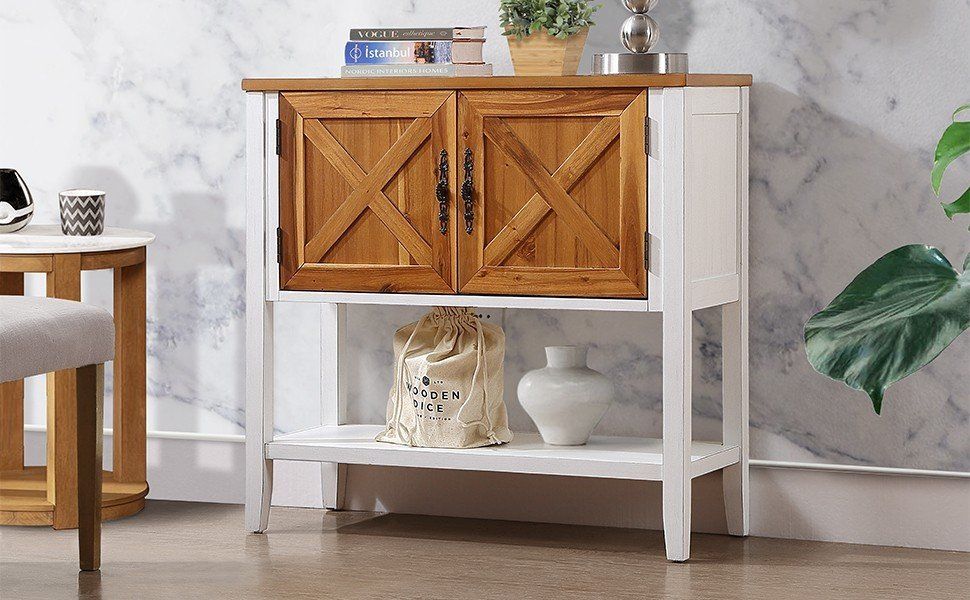 Farmhouse Wood Buffet Sideboard Console Table With Bottom Shelf And 2 - Door Cabinet, For Living Room, Entryway, Kitchen Dining Room Furniture Antique White / Natural Acacia Top & Door