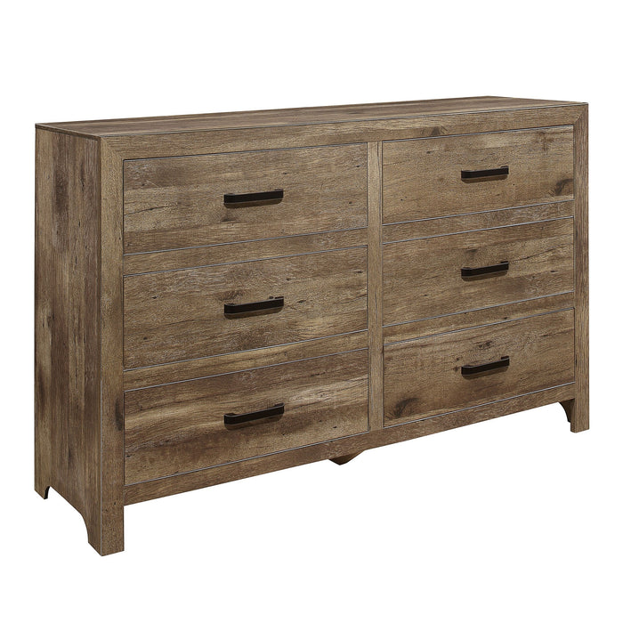 Rustic Style Dresser 6 Storage Drawers Weathered Pine Finish Wooden Bedroom Furniture