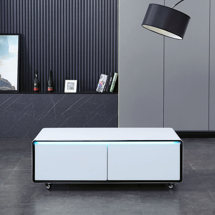 Smart Table Fridge, Multifunctional Coffee Table, Tempered Glass Table Top And Back - White