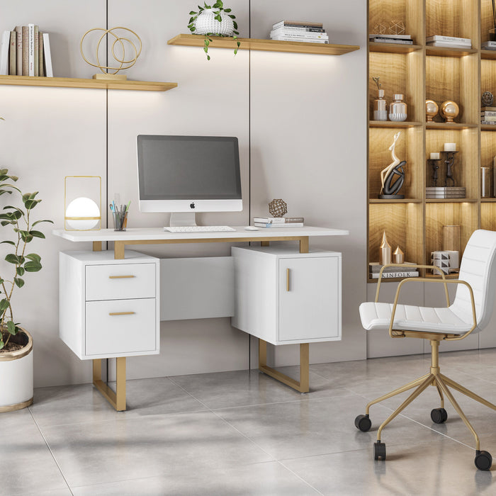 Techni Mobili White And Gold Desk For Office With Drawers & Storage, 51.25 Inch Width