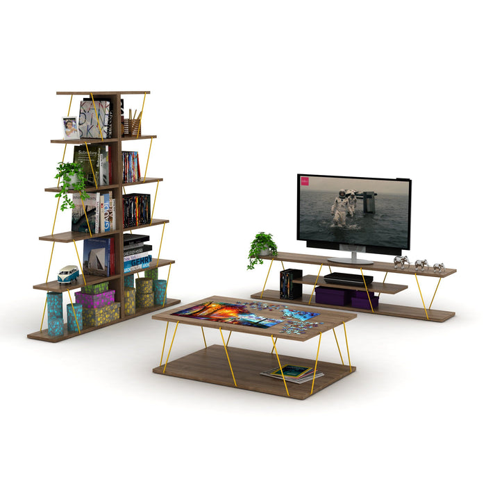 Furnish Home Store Modern 5 Tier Ladder Bookshelf Organizers, Narrow Bookshelf For Small Spaces Office Furniture Bookcase, Walnut/Yellow