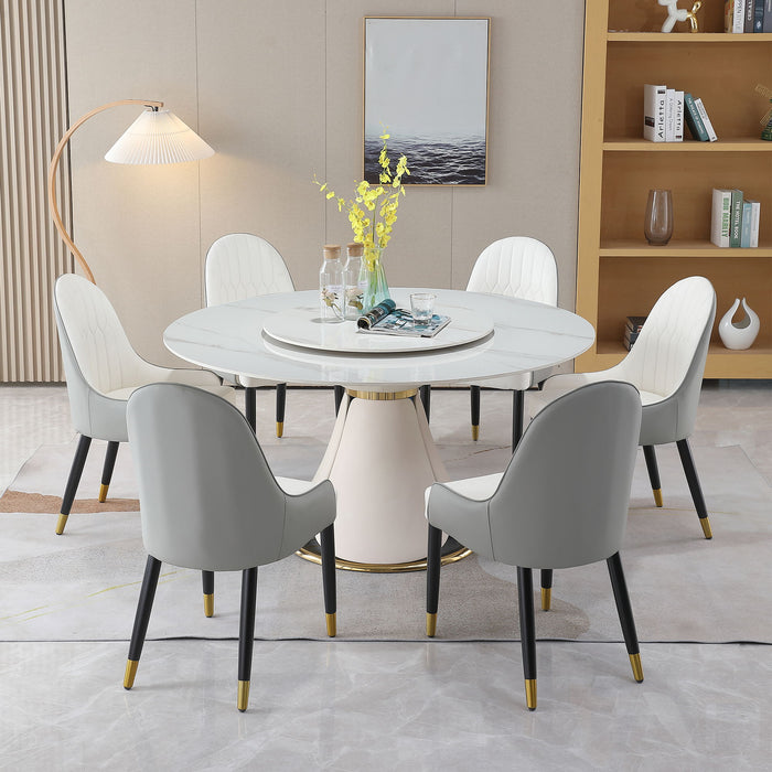 Modern Sintered Stone Dining Table With Round Turntable With Wood And Metal Exquisite Pedestal With 8 Chairs
