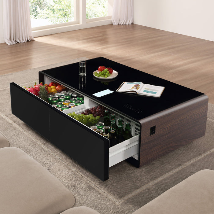Modern Smart Coffee Table With Built-In Fridge, Bluetooth Speaker, Wireless Charging Module, Touch Control Panel, Power Socket, USB Interface, Outlet Protection, Atmosphere Light, And More, Brown