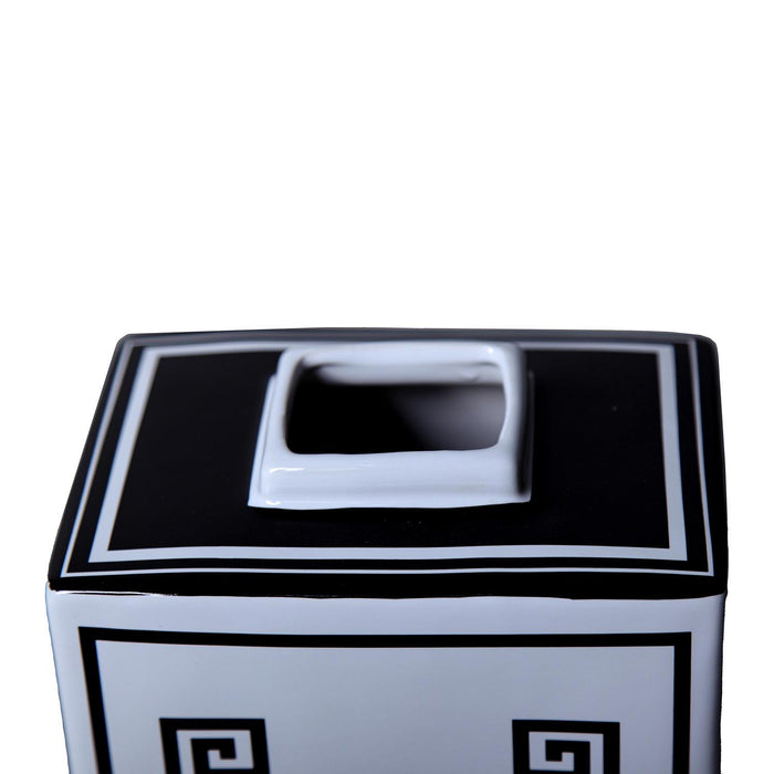 Rectangular Ceramic Decorative Jar With White And Black Geometric Design