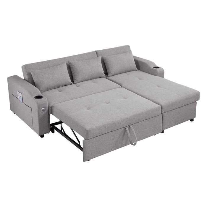 84"Adjustable Backrest Sofa Bed, 3 In 1 Linen Sleeper With USB Ports & Cup Holders, Pull Out Couch Bed With Storage Chaise, Convertible L Shaped Couch For Living Room - Grey