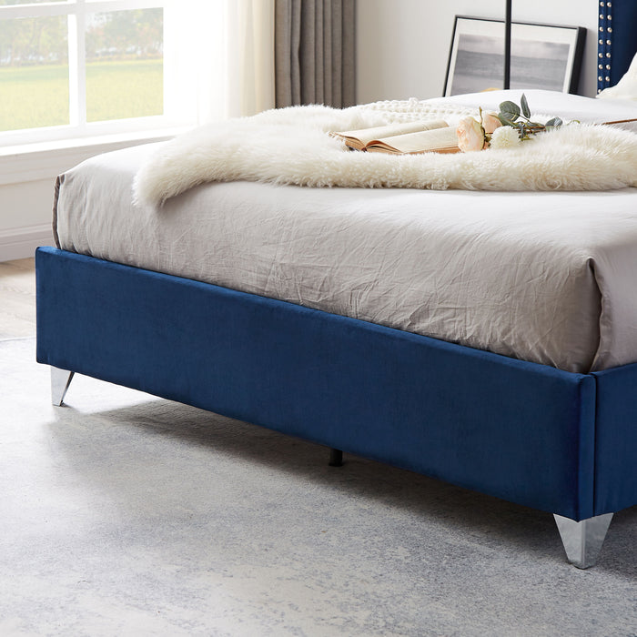 B100S King Bed, Button Designed Headboard, Strong Wooden Slats And Metal Legs With Electroplate - Blue