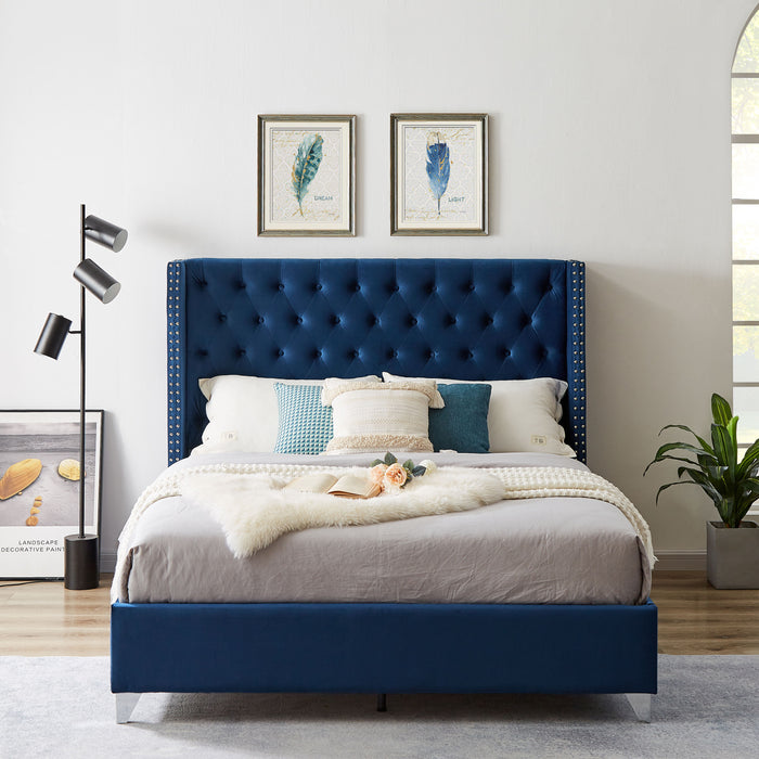 B100S Queen Bed, Button Designed Headboard, Strong Wooden Slats And Metal Legs With Electroplate - Blue