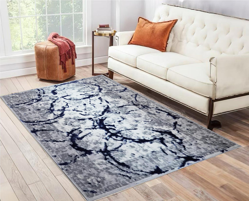 Penina Luxury Area Rug In Gray With Navy Blue, Circles Abstract Design