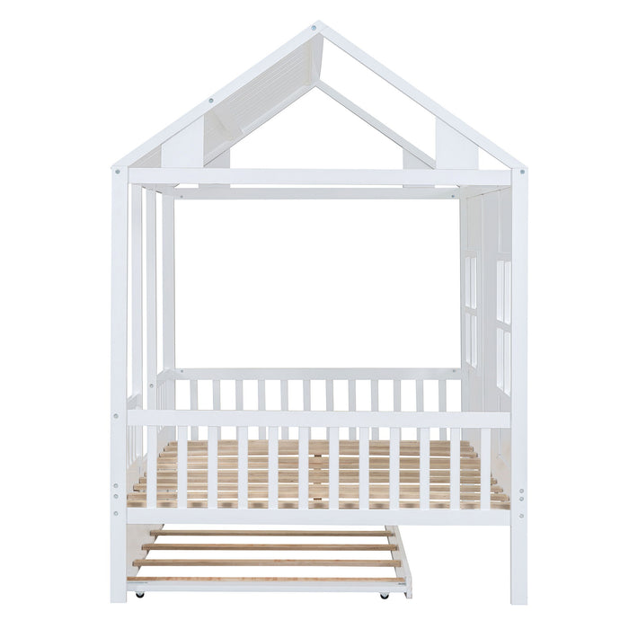 Full Size Wood House Bed With Twin Size Trundle Daybed - White