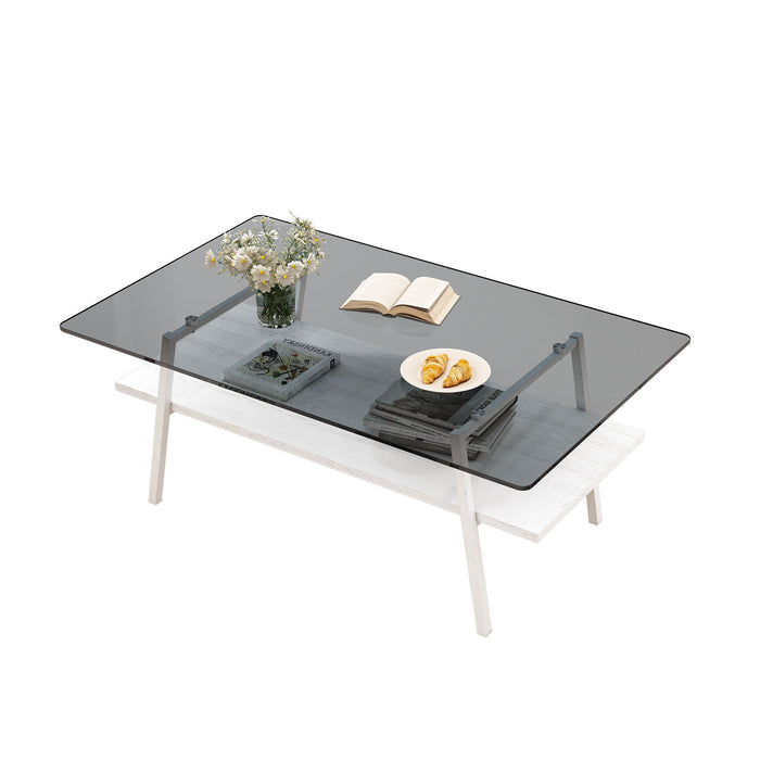 Rectangle Coffee Table, Tempered Glass Tabletop With White Metal Legs, Modern Table For Living Room, Gray Glass