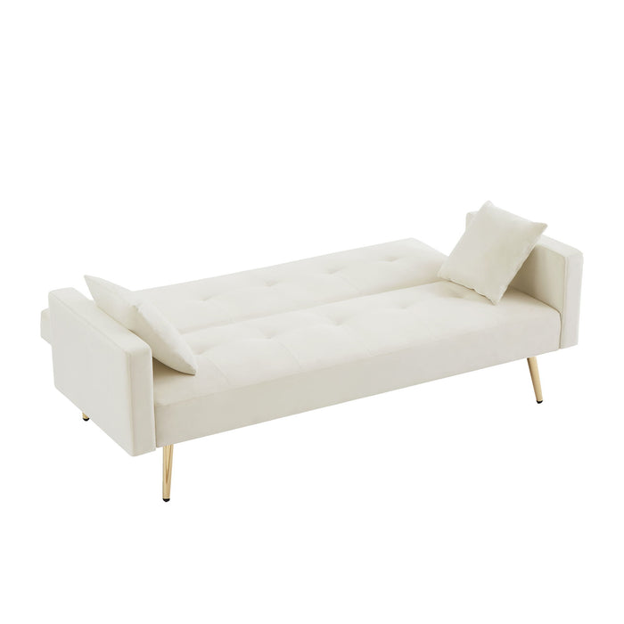 Cream White Velvet Convertible Folding Futon Sofa Bed, Sleeper Sofa Couch For Compact Living Space