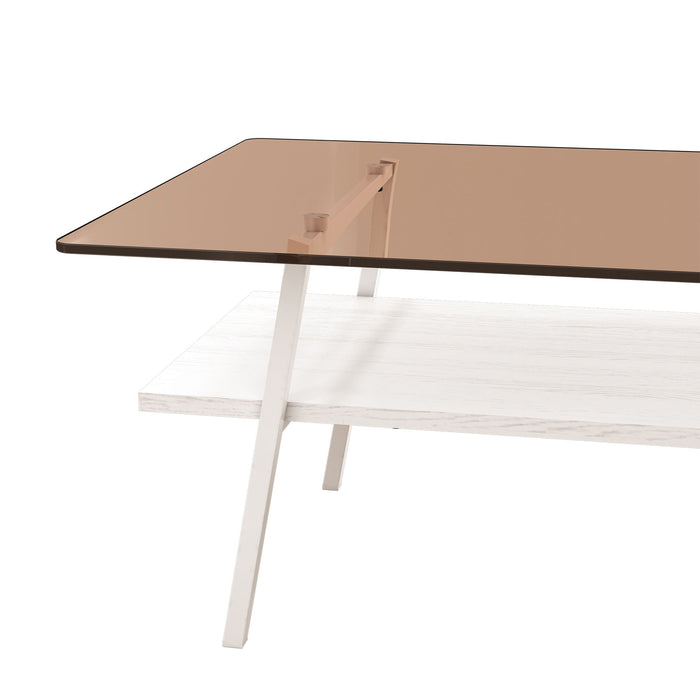 Rectangle Coffee Table, Tempered Glass Tabletop With White Metal Legs, Modern Table For Living Room, Brown Glass