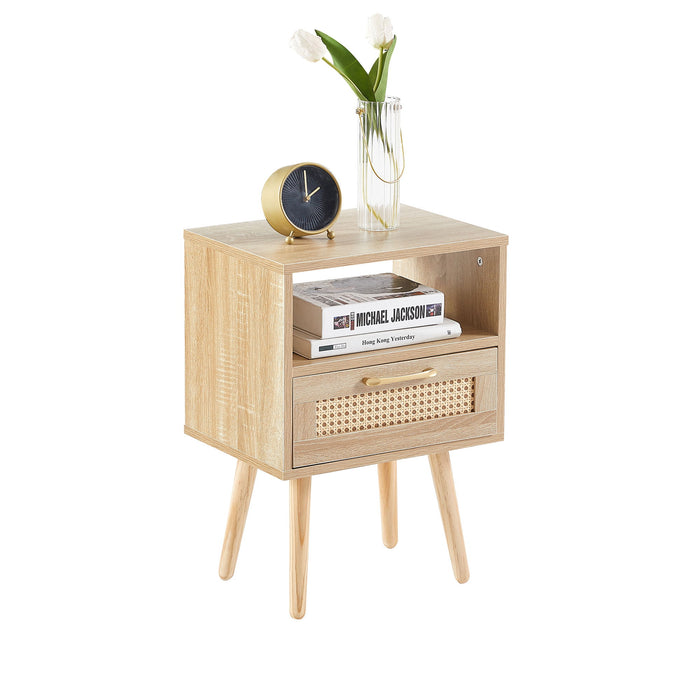 Rattan End Table With Drawer And Solid Wood Legs, Modern Nightstand, Side Table For Living Roon, Bedroom, Natural
