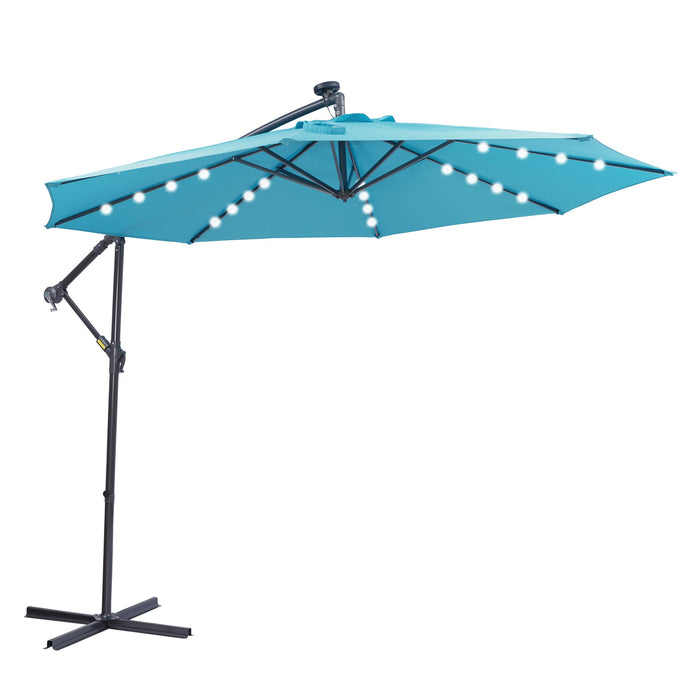 10 Ft Solar LED Patio Outdoor Umbrella Hanging Cantilever Umbrella Offset Umbrella Easy Open Adustment With 32 LED Lights - Blue